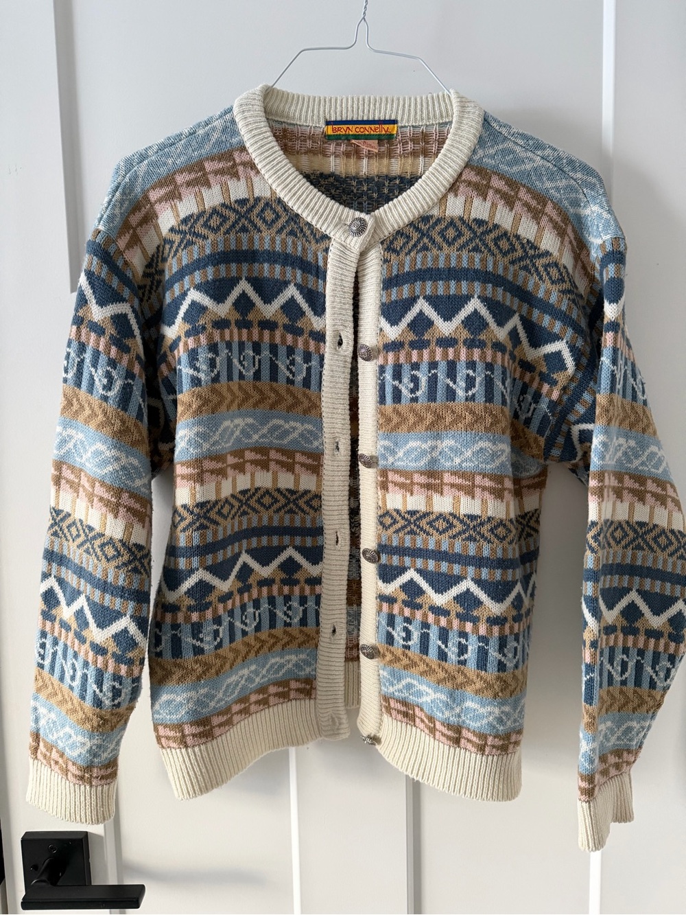 Vintage Bryn Connelly Geometric Cardigan Sweater (Blue | Tan | Small)